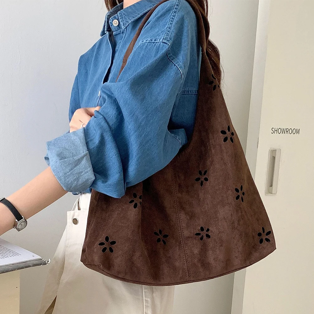 Hollow Flower Tote Women Bag Faux Suede Shoulder Bag Autumn And Winter Denim Shopper Purses And Handbags NEW Bags For Women Chic