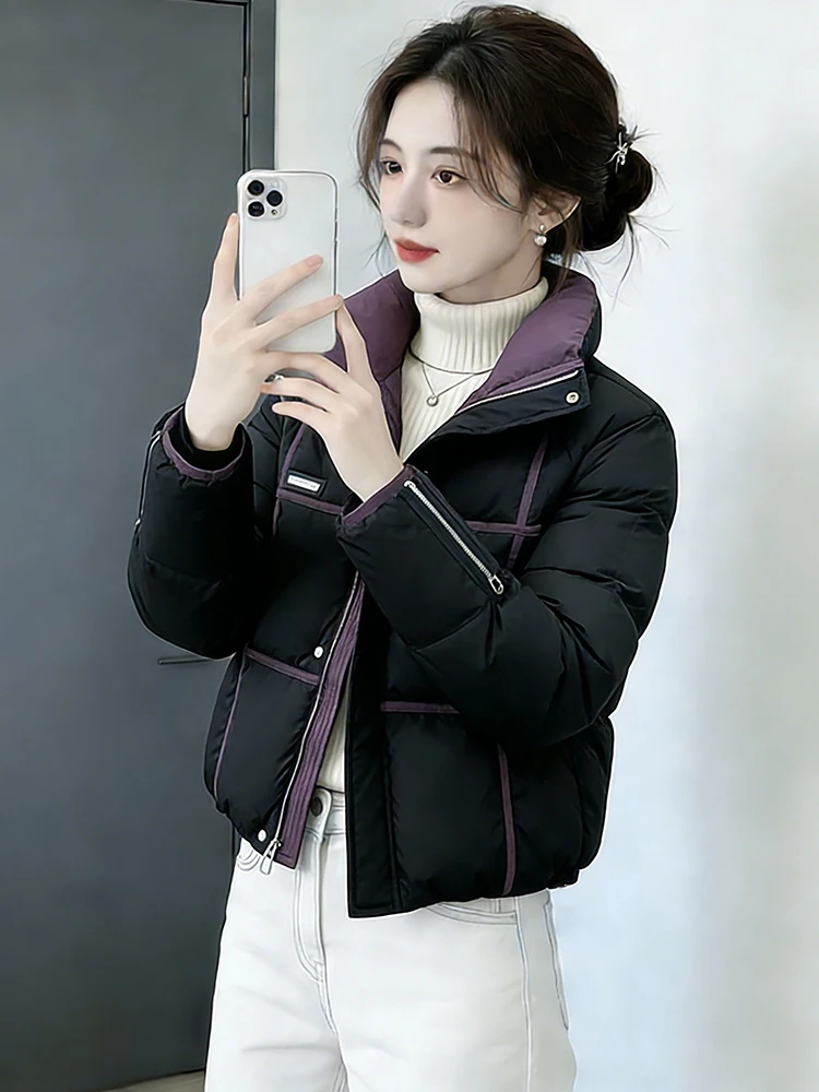 

Trendy Spliced Color Blo Thiened Winter Cotton Jaet Women's Fce Lined Dull Sle down Cotton Coat Warm Sli Commute