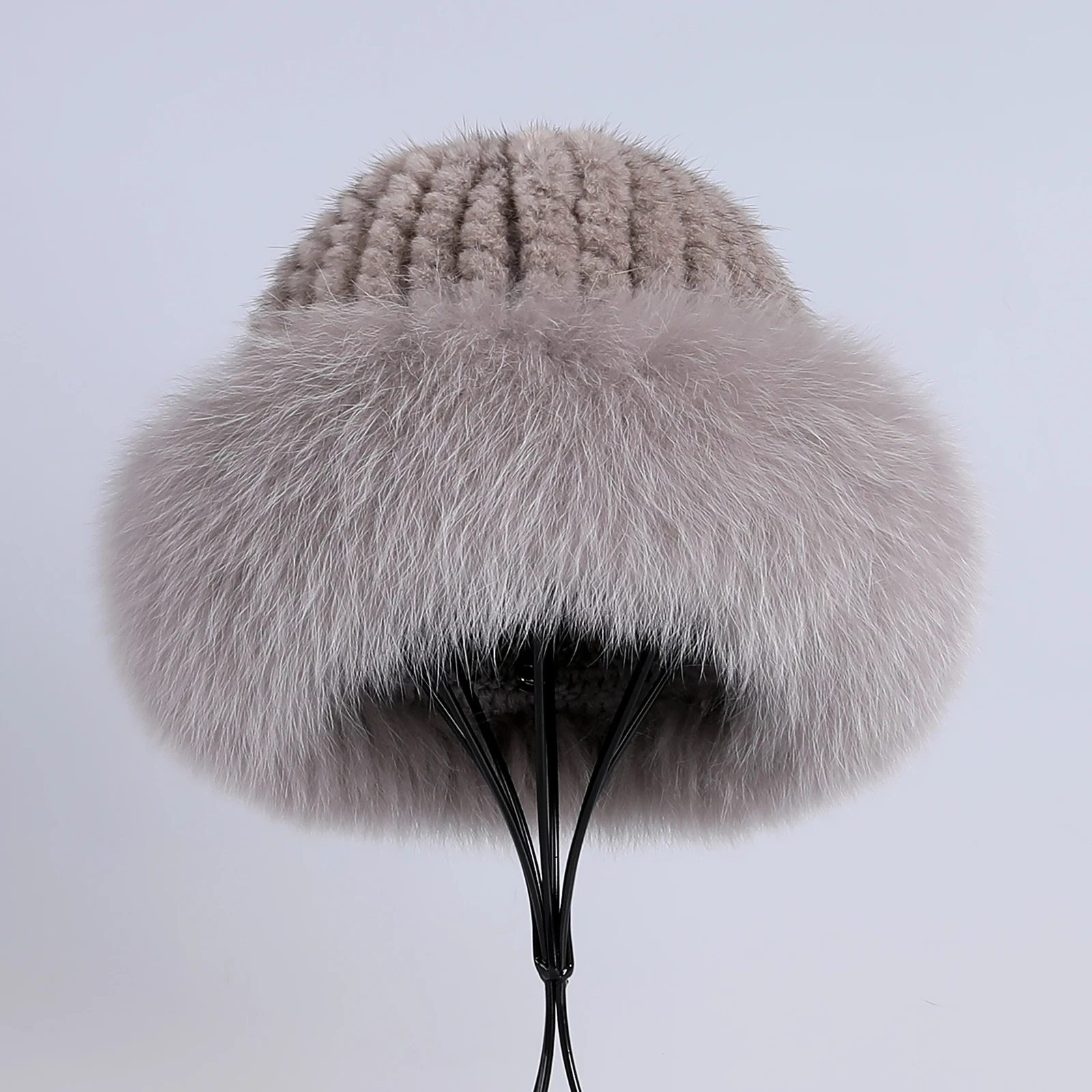 Frauen Winter warm echte Premuim Nerz Fell gestrickt Eimer Hut pelzigen Echtpelz Kappen Big Fox Pelz besatz Krempe verstellbar – Detail 14
