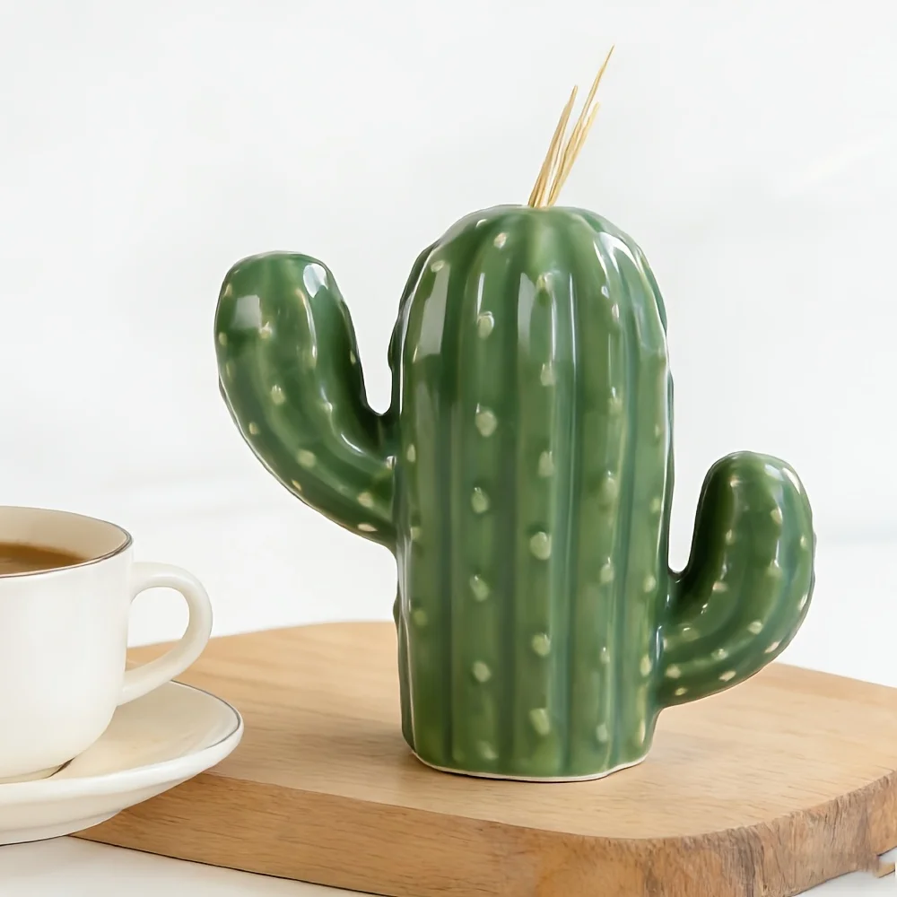 1pc Cute Cactus Toothpick Dispenser - Ceramic Green Cactus Toothpick Holder for Kitchen & Dining Table Decor