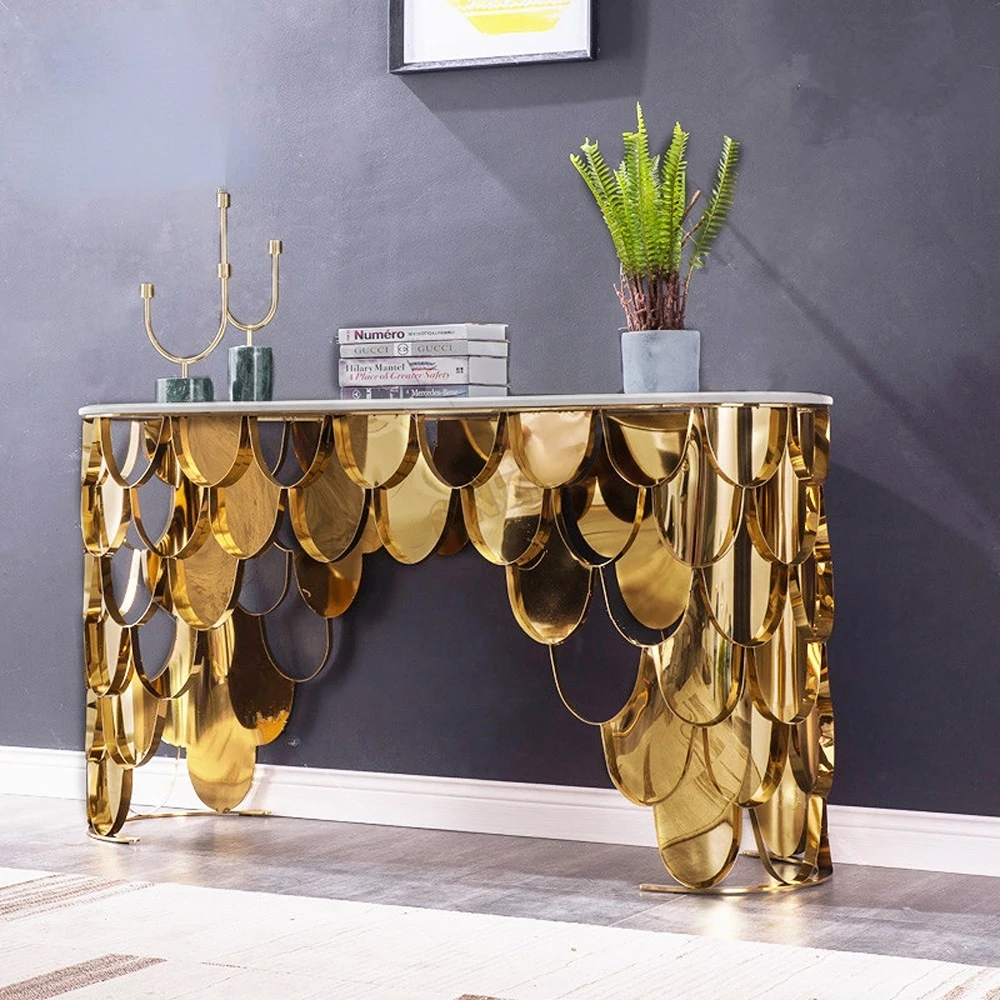 Home furniture luxury hallway table modern 201 grade high polished golden colour stainless steel console table