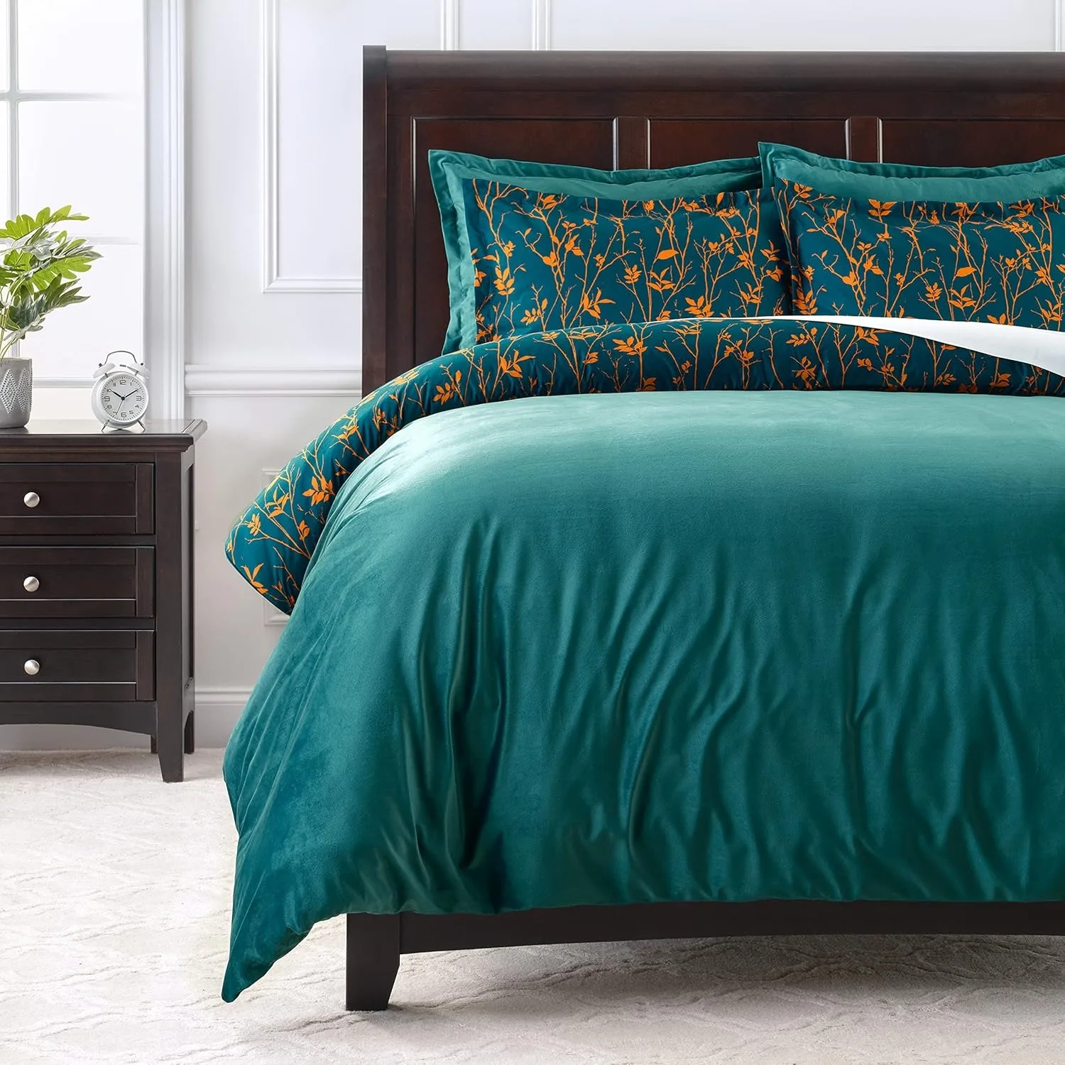 Reversible Ultra Soft Brushed Microfiber Velvet Bedding Comforter Duvet Cover Set - Teal Yellow Bramble Leaves Foliage Print