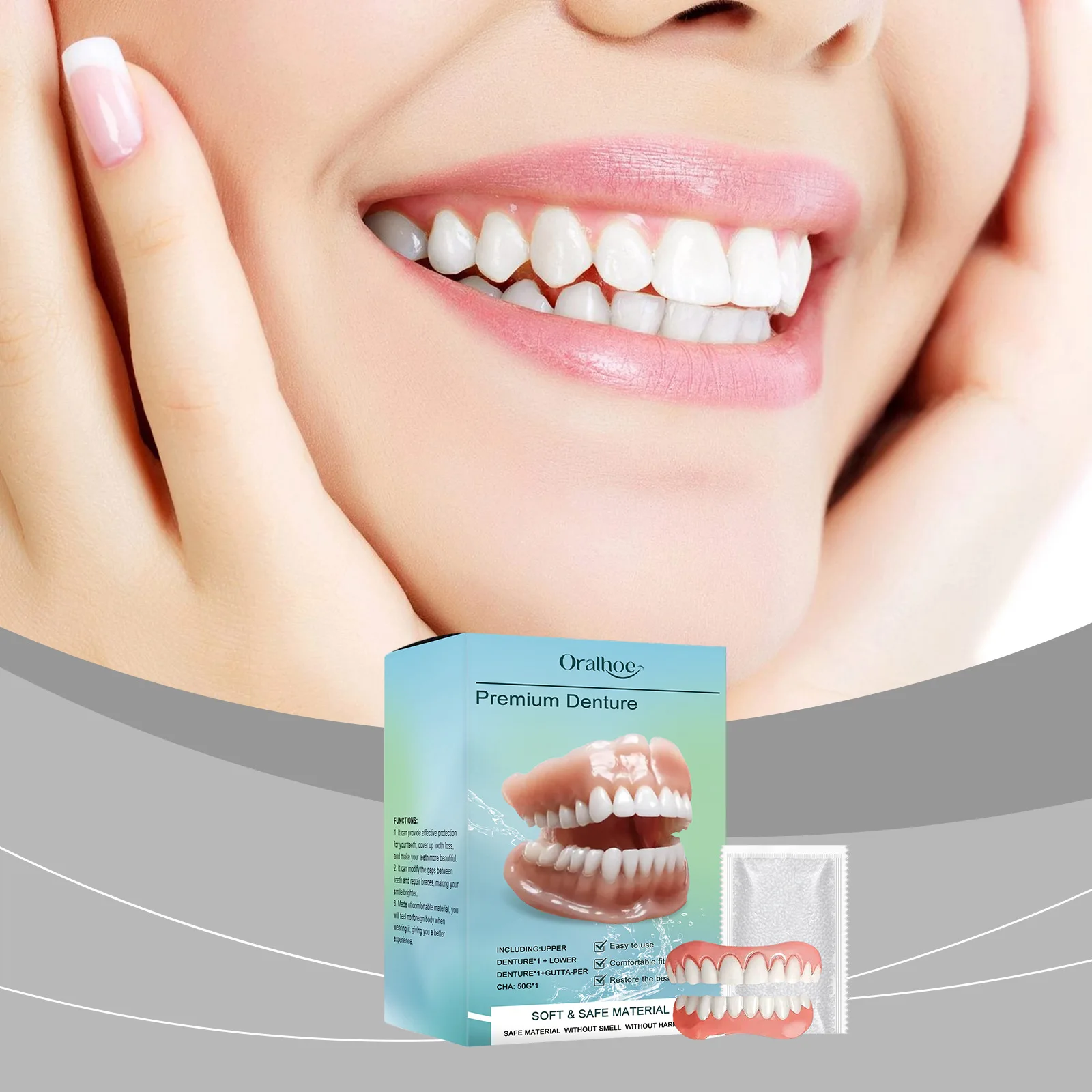 

Safety Denture Set Realistic Natural False Tooth Denture Comfortable Safe Simple Firm Not Loss Cover Imperfect Teeth Denture Set