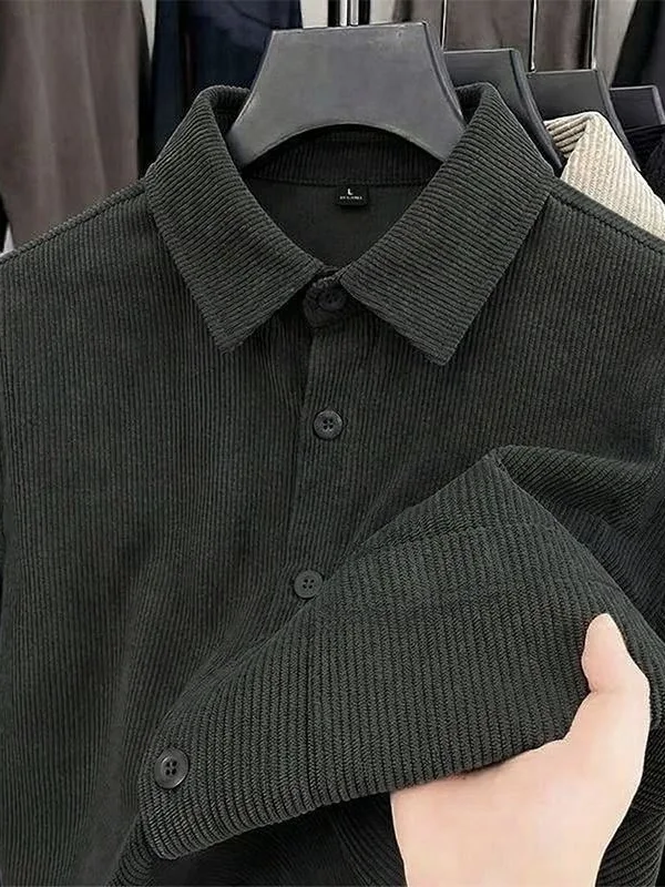 Black Corduroy Shirt Jacket Men's Loose Fit Collared Long Sleeve Retro Style Casual Fashion Autumn Wear Polyester Fiber Non-I...