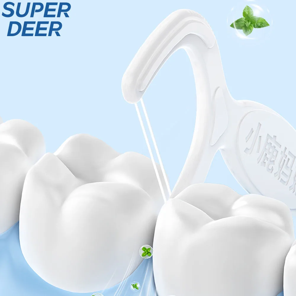 Super Deer 50/100/200Pcs Double Line Dental Floss Picks Mint Flavor With Fluoride Disposable Floss Sticks Oral Care Toothpick
