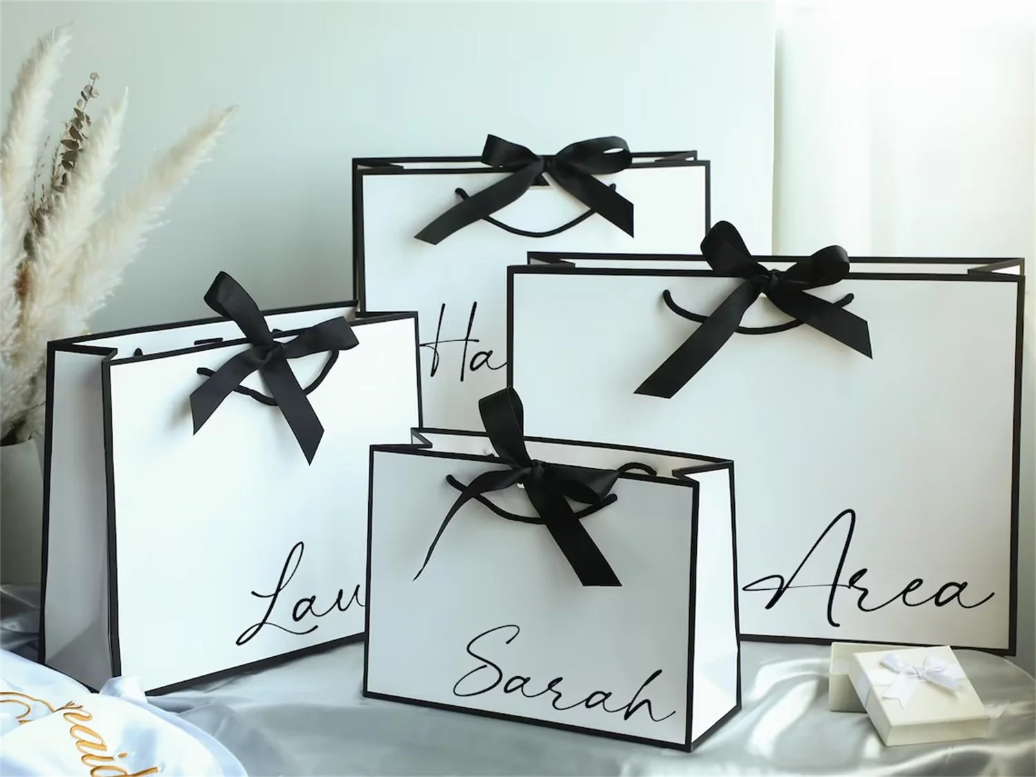 Chic Black and Gold Wedding Welcome Bag with satin ribbon handles and your names - Welcome to Our Wedding - Elegant favors for g view 3