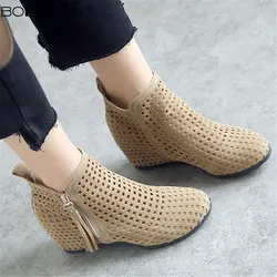 2026 New Women Summer Boots Flat Low Hidden Wedges Cutout Zip Bootas Ladies Dress Casual Shoes Hot Sale Size 34-43 Botas Mujer