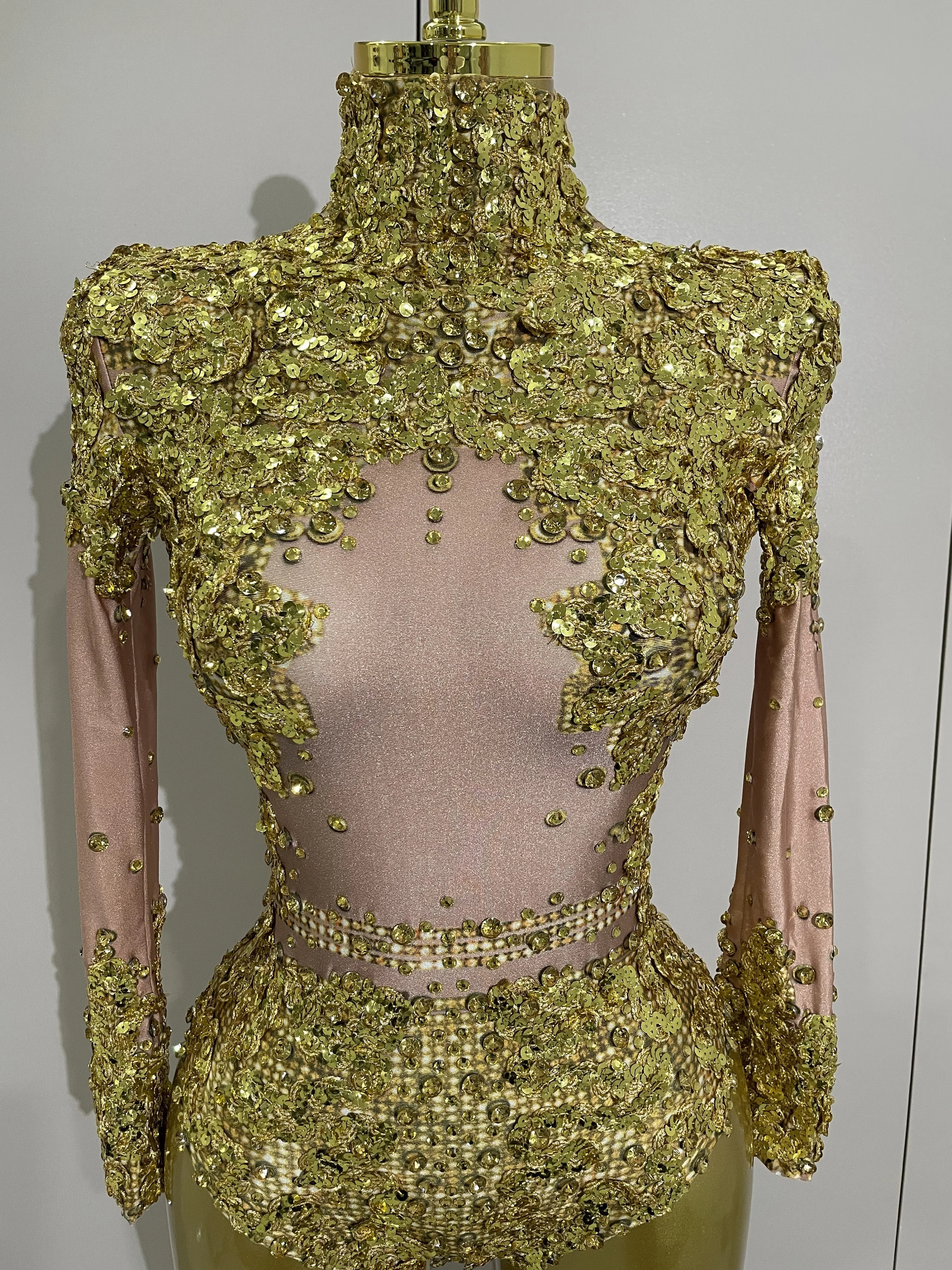 

STOCK Sparkly Gold Silver Rhinestone Sequin Stretch Bodysuits Women Birthday Party Nightclub Dancer Stage Performance Costume