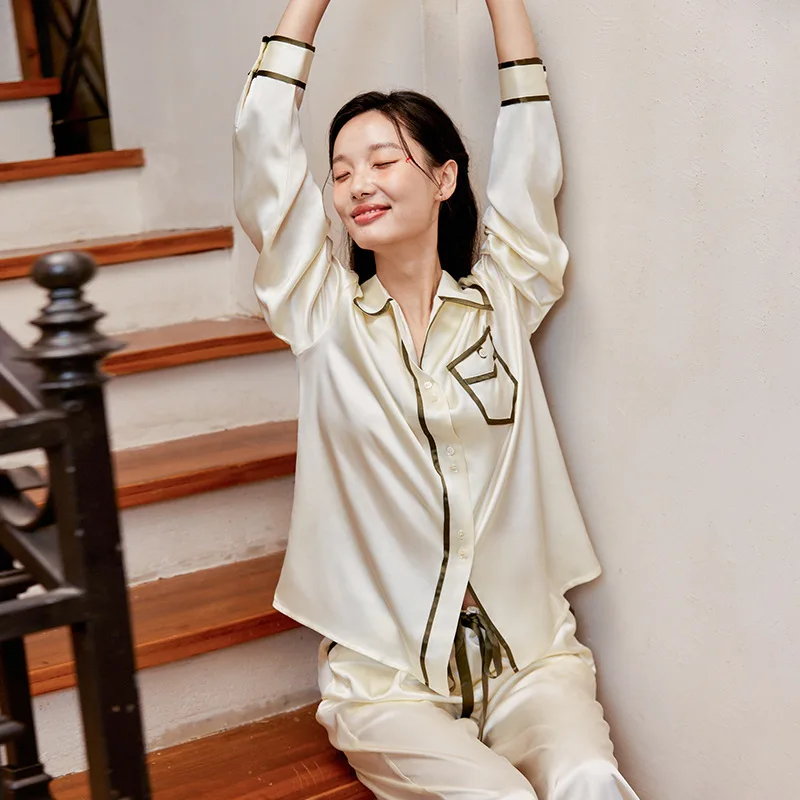 Women 22 Momme 100% Mulberry Silk Pajama Set Luxury Sleepwear Long Sleeve Shirt Pants Suit Elegant Contrast Trim Home Loungewear