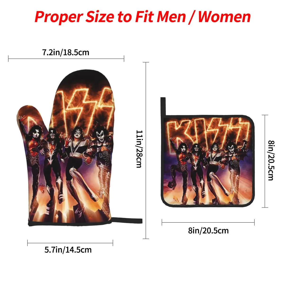 KISS The Band - Destroyer Fire Log Oven Mitts and Pot Holder Sets of 4 for Baking Cooking Grilling Resistant Non-Slip Gloves