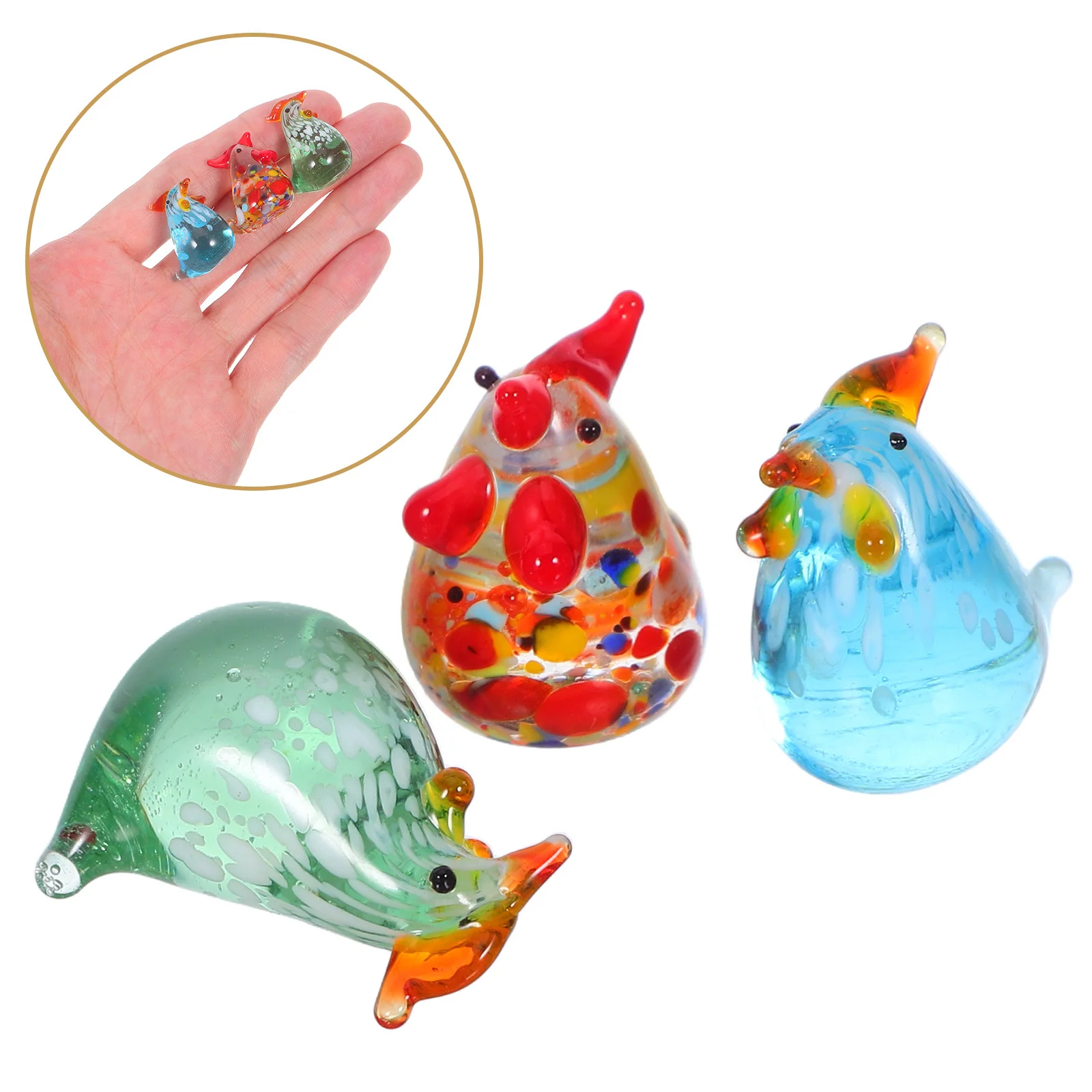 

3Pcs Miniature Chicken Ornaments Hand Blown Glass Rooster Animal Statues Vivid Colors for Desk Shelf Farmhouse Home Decoration