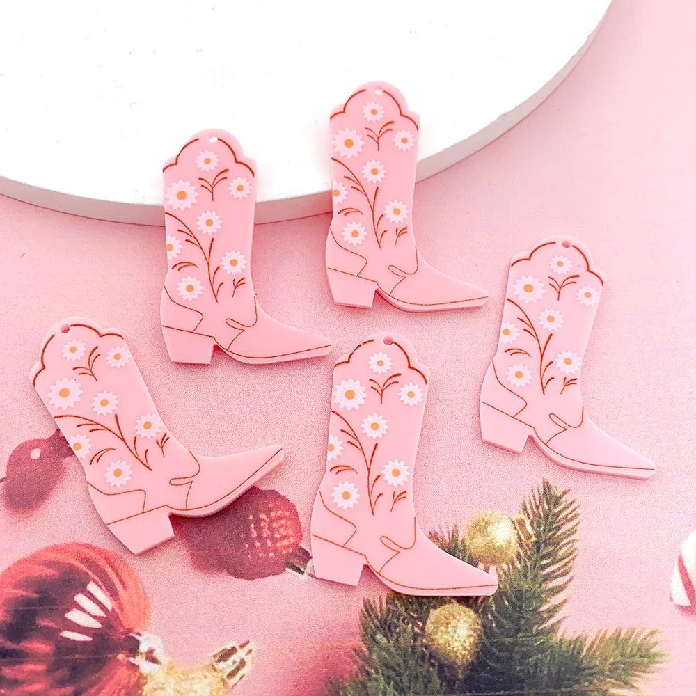 Botas de vaquero con flores rosas, dijes acrílicos, zapatos occidentales, bonito pendiente, llavero, accesorio colgante Diy para hacer joyería, 6 uds.