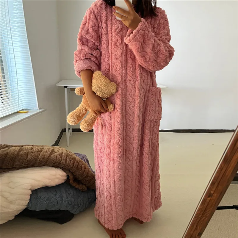 New Coral Velvet Nightgown Women Long Sleeve Double Pocket Sleeping Dress Loose Solid Color Thickened Sleepwear For Warm Winter