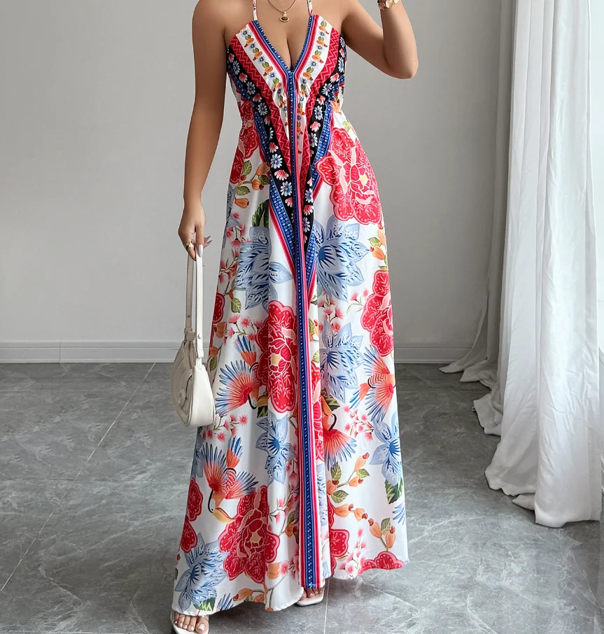 

Womens Dresses 2025 Summer New Fashion Floral Print Halter Sleeveless Sexy Backless Lace Up Casual Beach Vacation Long Dress