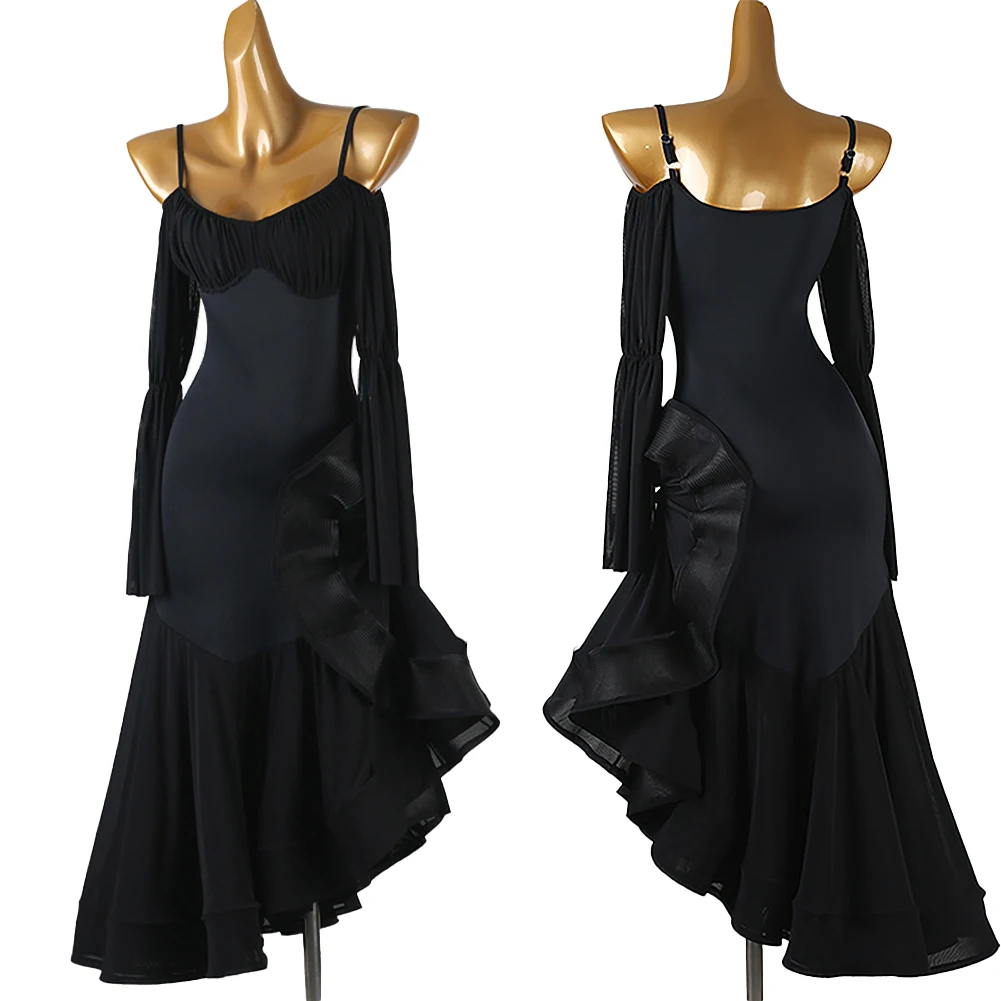 Walzer Ballsaal Wettbewerb Langarm Gesellschaftstanz Neue Wettbewerb Sling Flamenco Kleid Gesellschaftstanz Schwarz