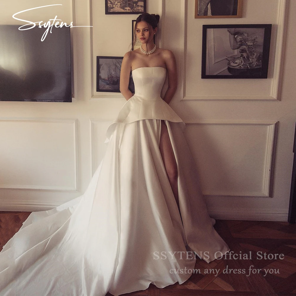 

SSYTENS Boho A-Line Wedding Dresses Strapless Sleevelesss Split Satin Bridal Dress Formal Princess Long Wedding Gowns Customized