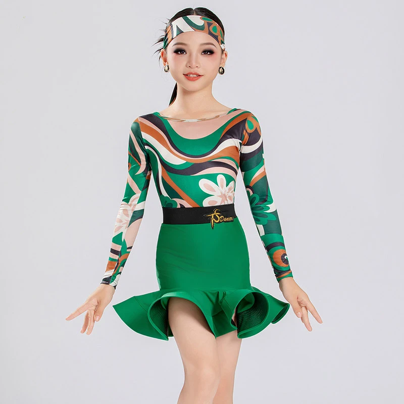 

Dance Tianjiao's new long sleeved Latin dance set, class uniform, flower fishbone skirt performance