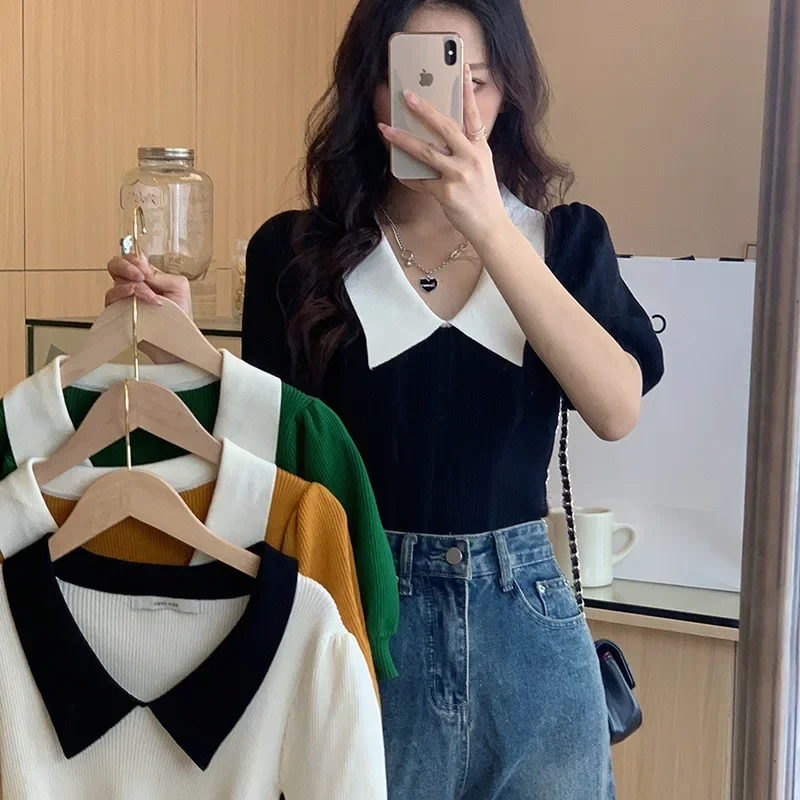 Vintage French Style Puff Sleeve Knit T-shirt Women's Niche Design Sensibility Cropped Top Summer Trendy Ice Silk Camisole