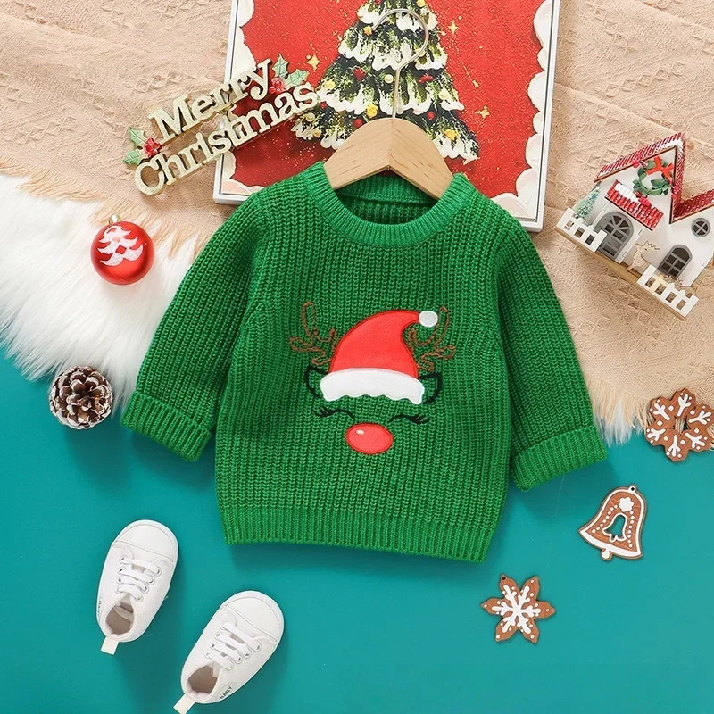 

2025 Baby Christmas Santa Embroidery Knitted Sweater 1-3Y Boys Girl Reindeer Crew Neck Warm Pullover for Autumn Winter Outfit