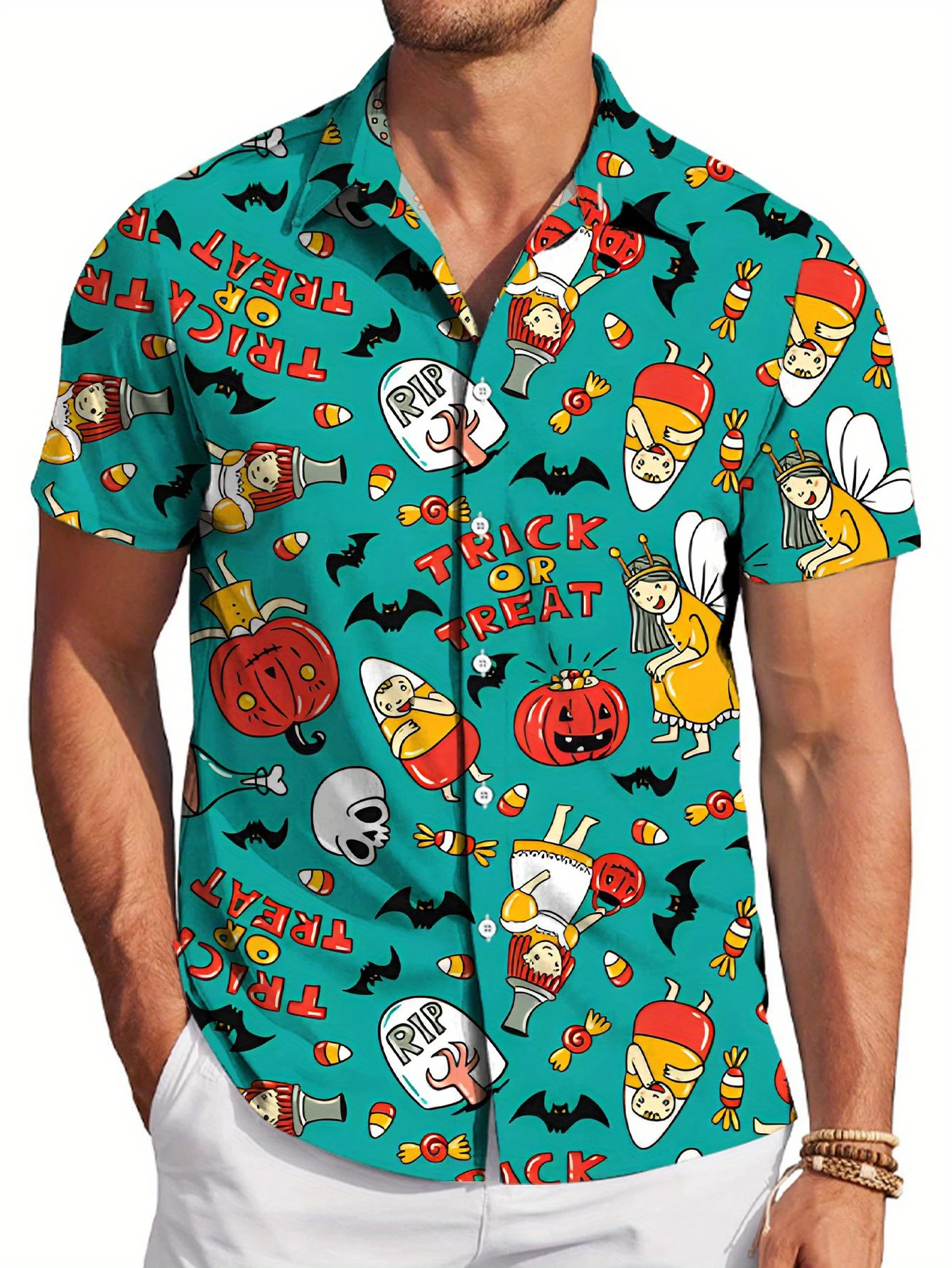 Halloween Party Graphic Hawaiian Shirt For Men Trick Or Treat Pumpkin 3D Printed Blouse Holiday Short Sleeve Lapel Tops Shirts