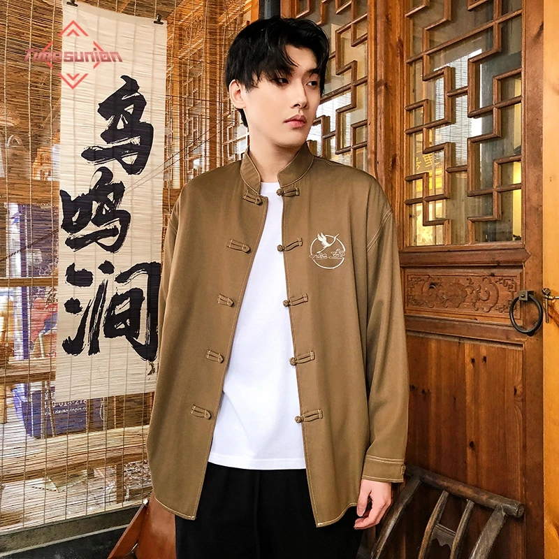 Traditional Retro Denim Shirts for Man Spring Long Sleeve Tang Suit Embroidery Crane Cloud Buckle Jacket Oriental Kung Fu Shirt