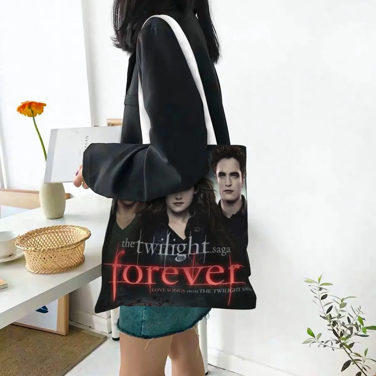The Twilight Saga Edward Cullen Shopping Bags Canvas The Tote Bag Reusable for Girls Shoulder Tote Travel Handbag