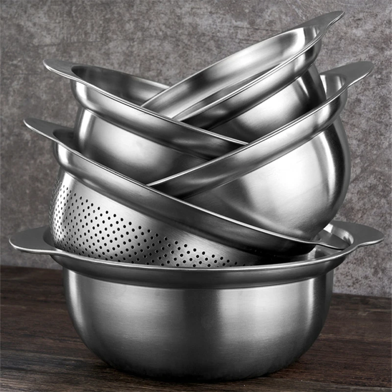 

Stainless Steel Drain Basket Fruit Vegetable Washing Basin Rice Sieve Filter Kitchen Salad Egg Mixing Bowls Drainer Container