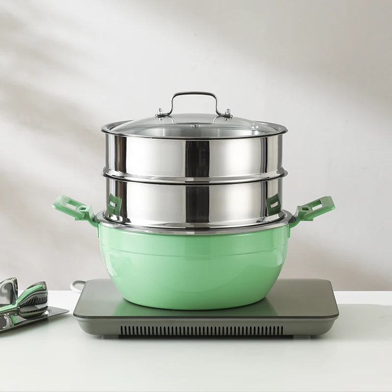 Commercial 304 Stainless Steel Two-Tier Steamer Pot, Multi-Color Food Steaming Cooker for Hotel Restaurant Buffet