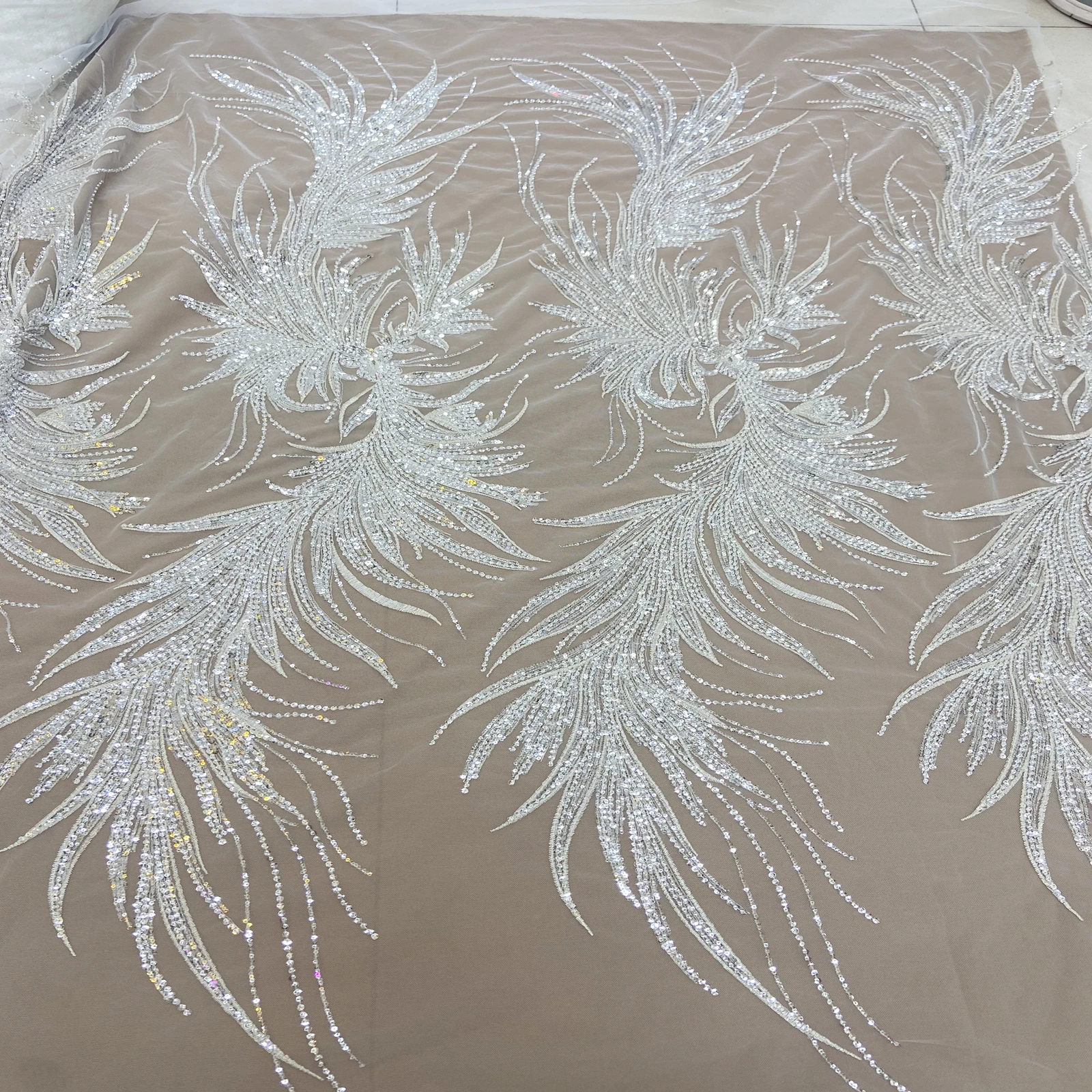 

New Silver Sequins Beads Tulle Embroidered Wedding Evening Dresses Lace Fabric