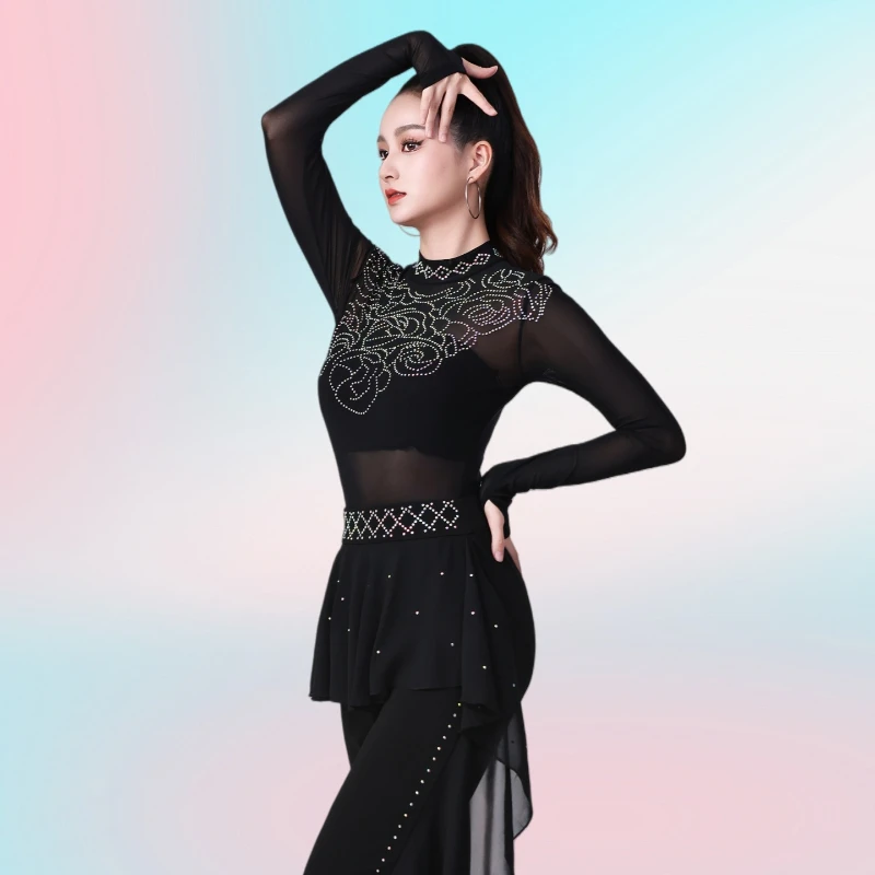 Women's New Arrival Form-Fitting Sexy Mesh Long-Sleeve Bodysuit Modern Dance Latin Dance Costume Ballroom Dance Practice Top