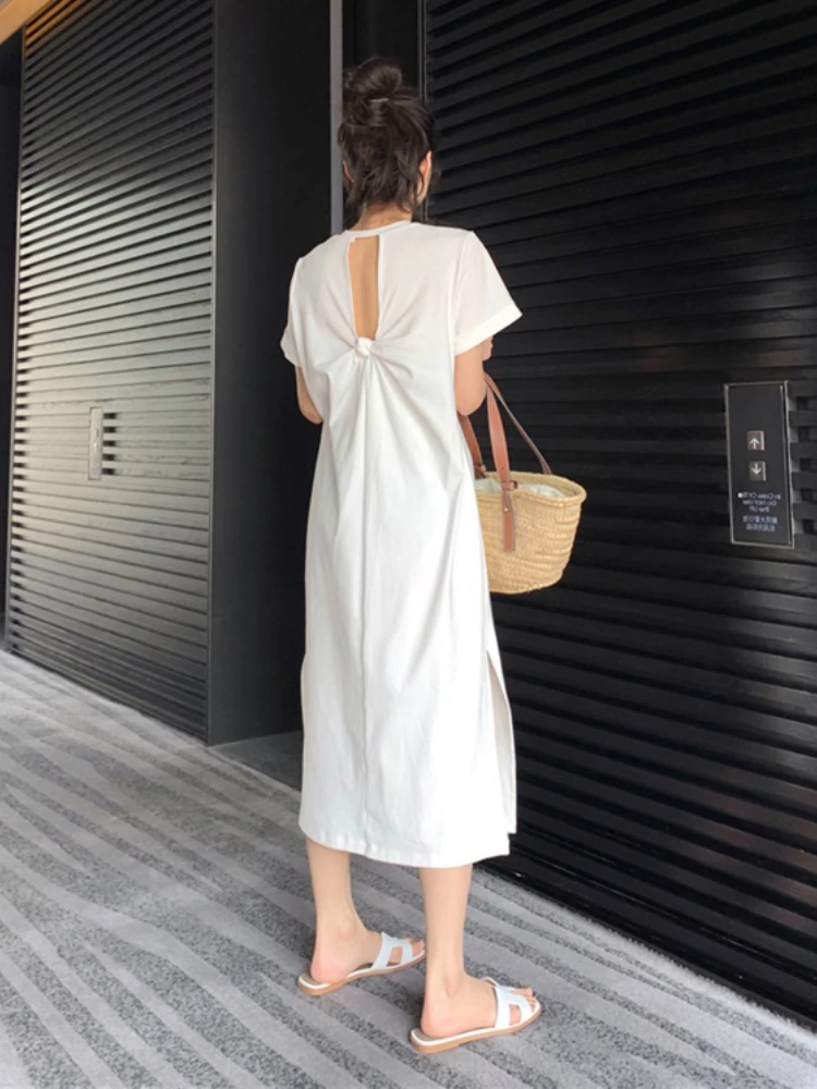 korean T Shirt Dresses for Women Summer Beach Sexy Back hollow Side split Casual dress Party cotton Comfortable Long solid Dress