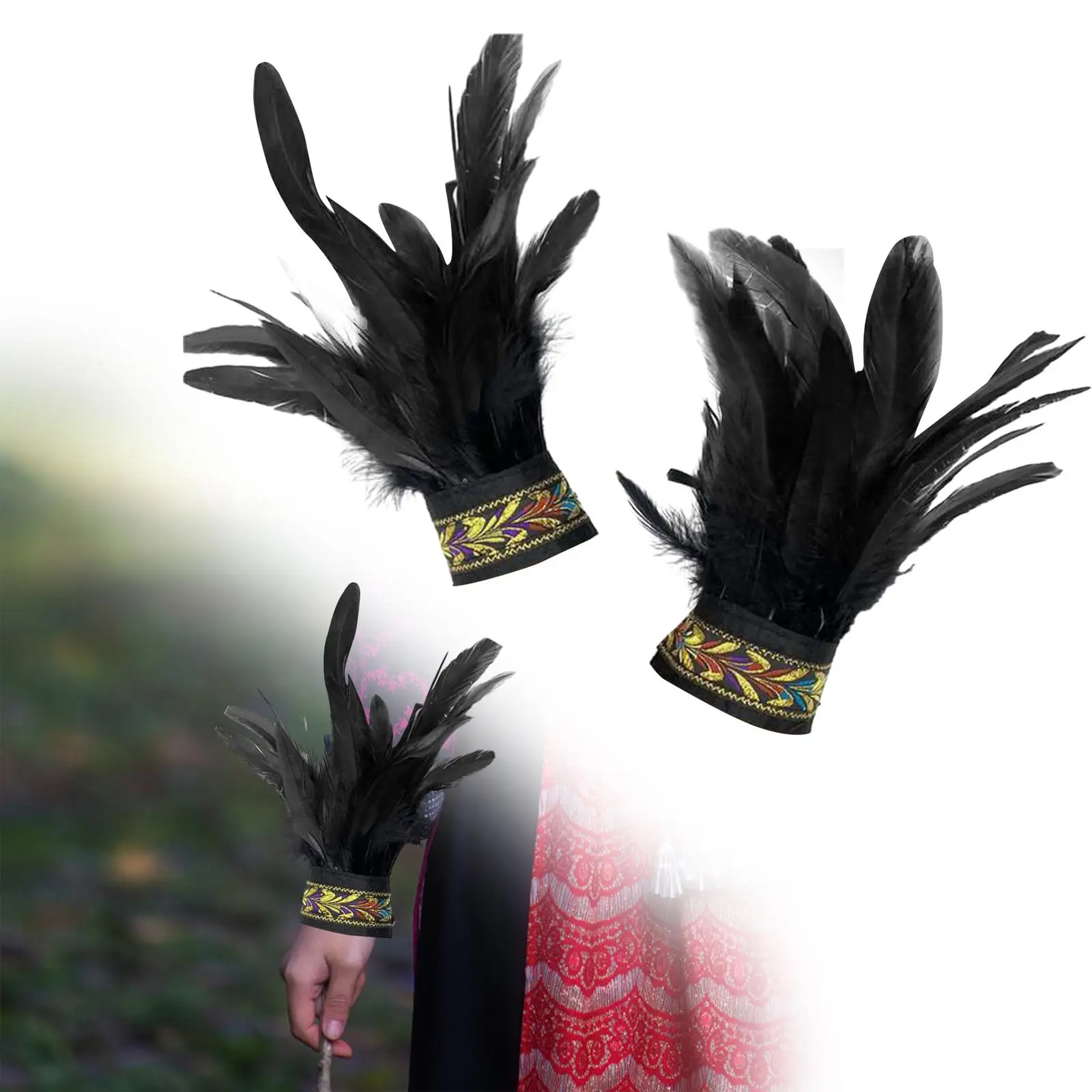 Faux Feather Wrist Covers Gothic Lace Cuffs Women Punk Arm Sleeves Ethnic Bracelets Black Fringe Gloves for Cosplay Outfit