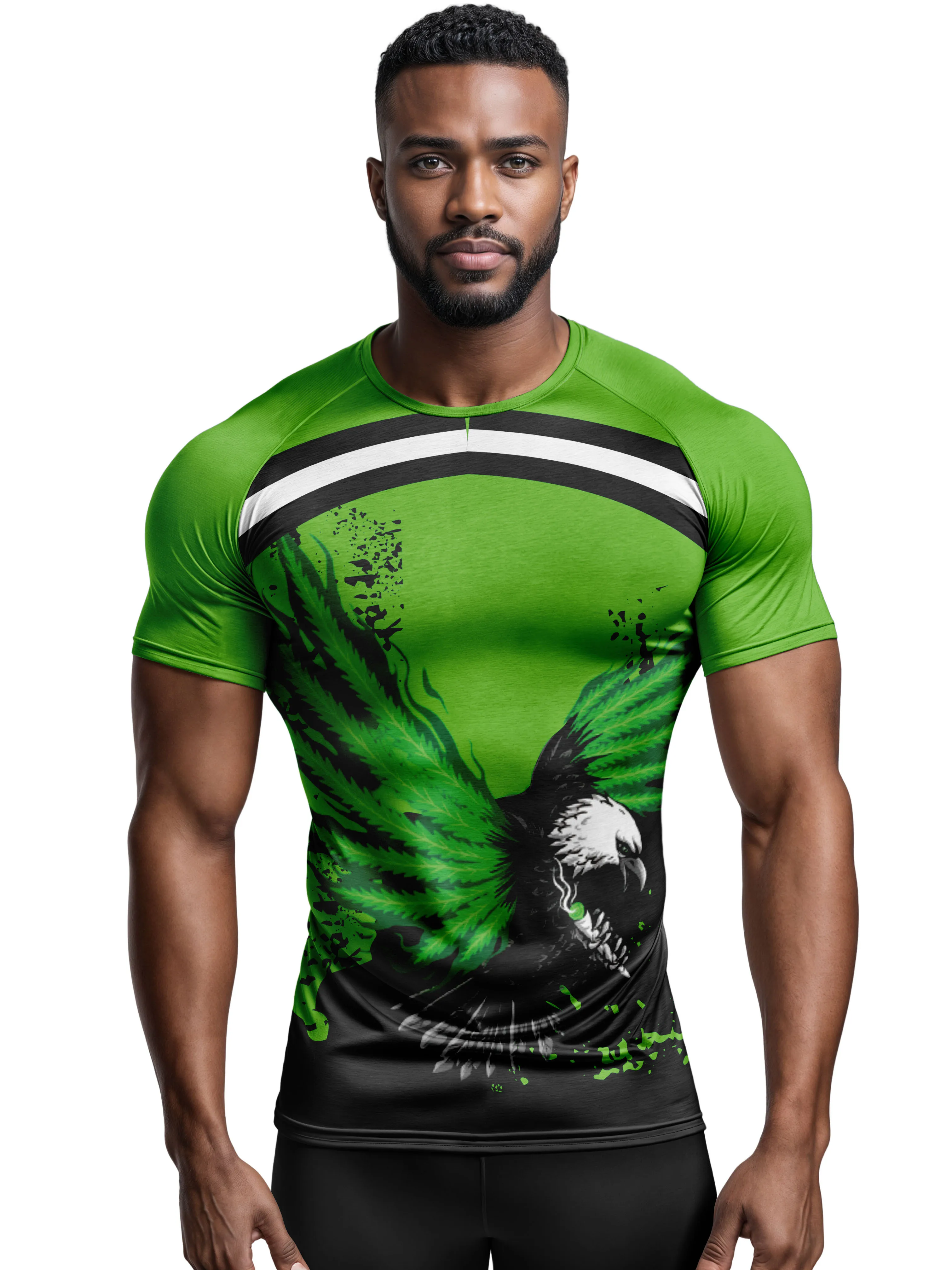 Men Sports Tee High Elastic Quick Dry Breathable Jersey Green Eagle Leaf Print Gym Soccer Training Top