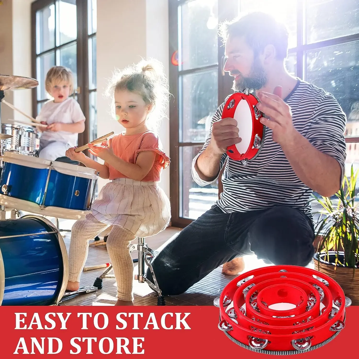 1Pc Red wooden hand-held tambourines in 4 sizes Single row metal tambourine For church parties Rhythmic percussion instruments