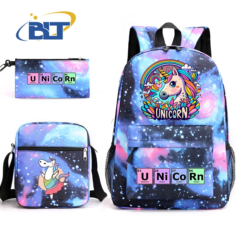 Cute unicorn print youth school bag set kids backpack shoulder bag pencil case 3-piece set