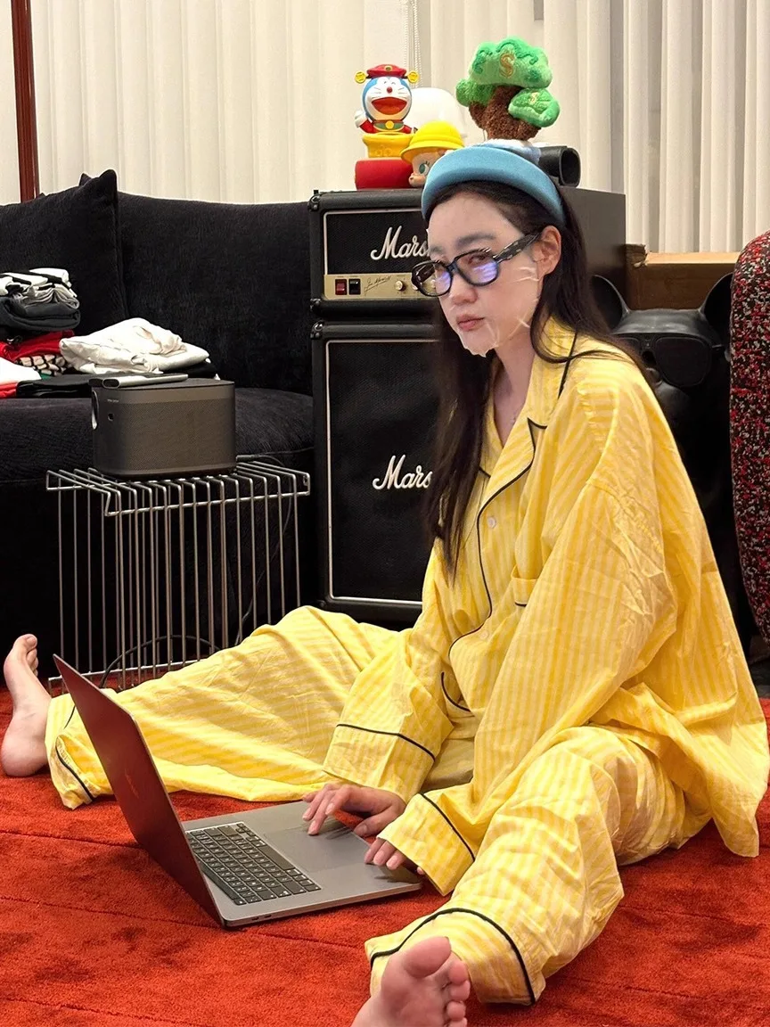 

Yellow Striped Sleepwear Women's Autumn New Open Cardigan Long Sleeve Long Pants Can Be Worn outside Home Clothes Set Casual ...