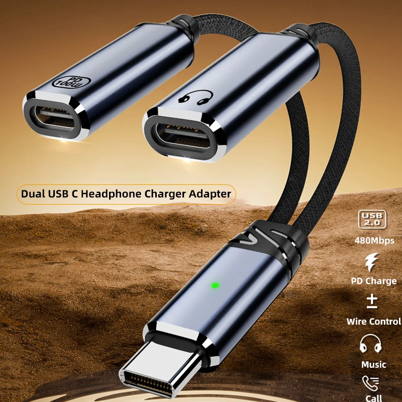 

2 in 1 Dual USB C Headphone Charger Adapter PD100W Type C to Type C Fast Charging HiFi Jack Audio Adapter for iphone Laptop