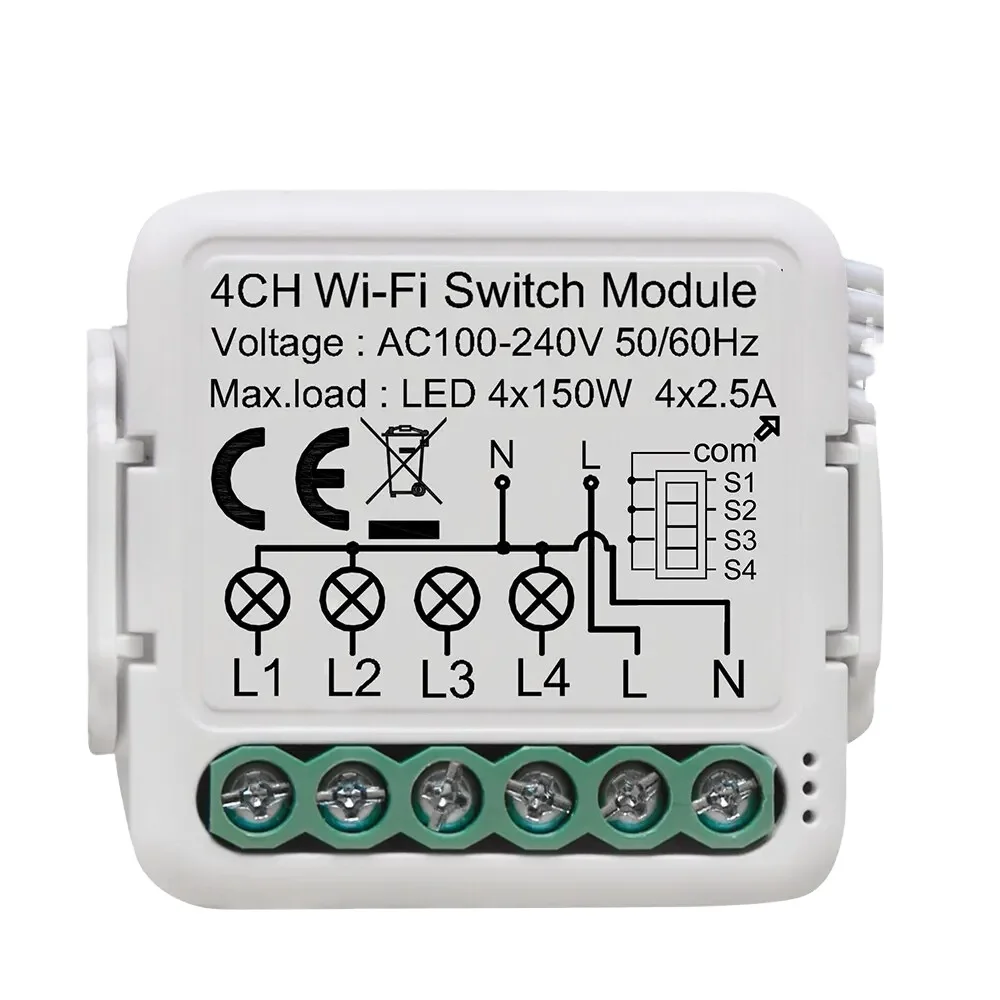 Smart Home Automation System 100-240 Volt AC WiFi 4-Channel Mini Switch Module with Application Control PST-S04