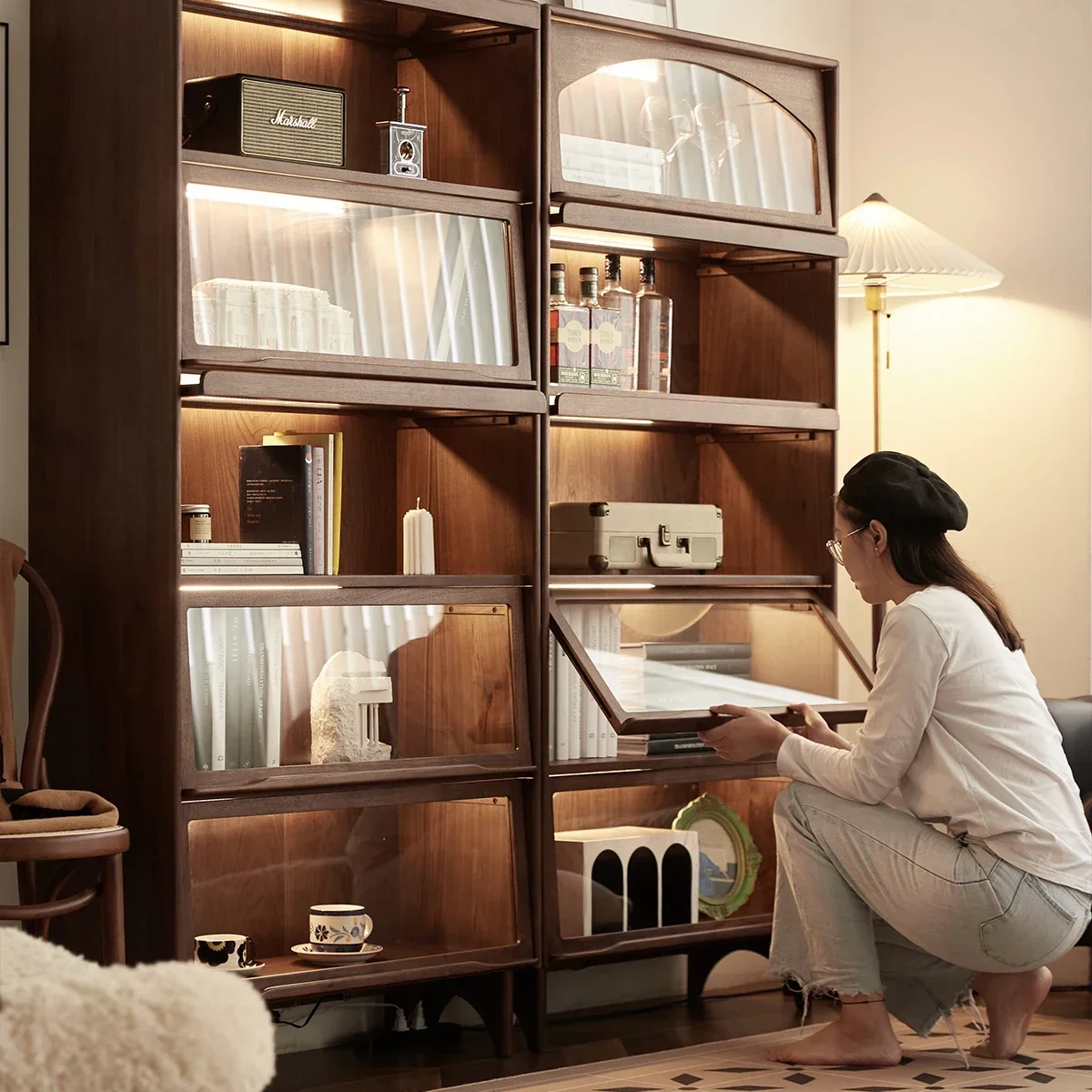 Retro black walnut solid wood bookcase, living room dust-proof glass figure display cabinet, storage cabinet