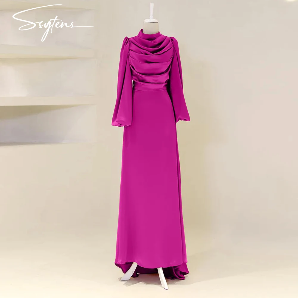 

Simple Dubai Prom Gowns Satin Muslim Evening Dresses Modest Dress Saudi Arabic Long Sleeves Bespoke A-Line Wedding Party Dress