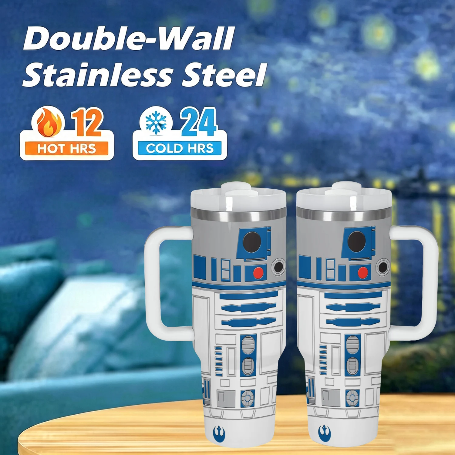 40oz R2-D2 Robot Print Vacuum Flask Stainless Steel Insulated Water Bottle with Handle and Straw for Hot Cold Drink Tumbler Gift