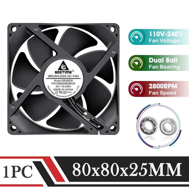 GDSTIME 80MM CPU Cooler 80*80*25MM Cooling Fan AC 230V 110V 220V Fan 8025 Dual Ball EC Fan 8CM Fan for Computer Case CPU Cooling