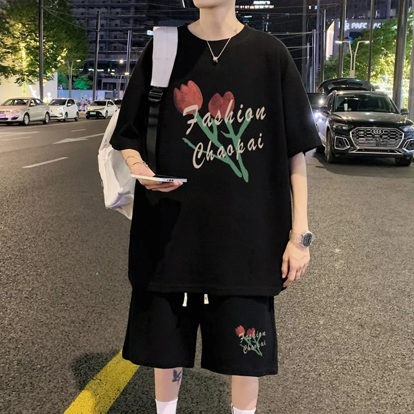 

Молодежный летний комплект футболок с коротким рукавом для мужчин: повседневный, с цветочным принтом, круглым вырезом, свободного кроя, дарящий ощущение прохлады, модный