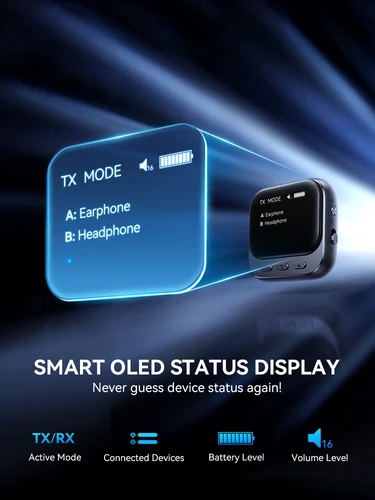 Imagen 2 del producto Joyroom-receptor transmisor Bluetooth 5,4 2 en 1 con pantalla OLED para 2 Airpods o auriculares, adaptador de conector auxiliar de 400mAh y 3,5 MM