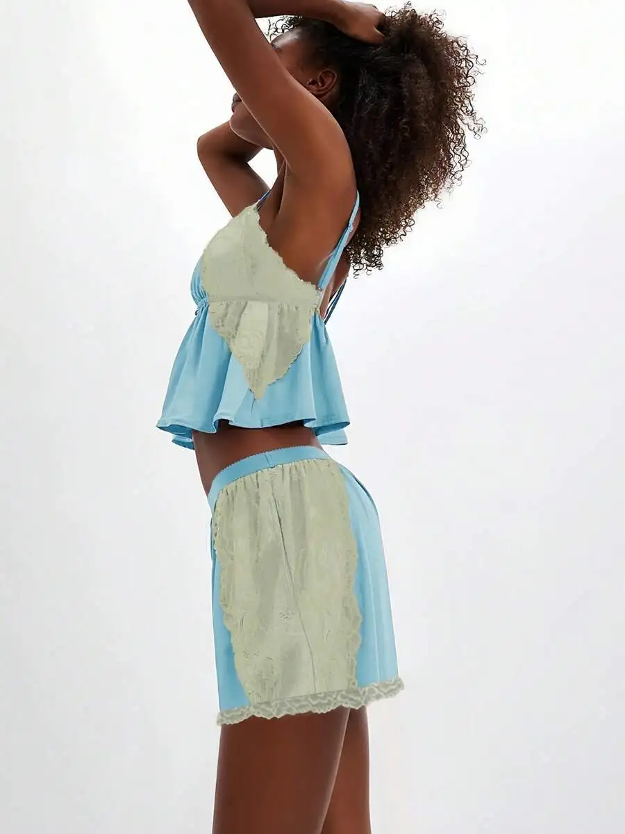 Womens Lace Satin Pajama Set V-Neck Camisole Top And Elastic Shorts 2Pcs Loungewear Summer Nightwear