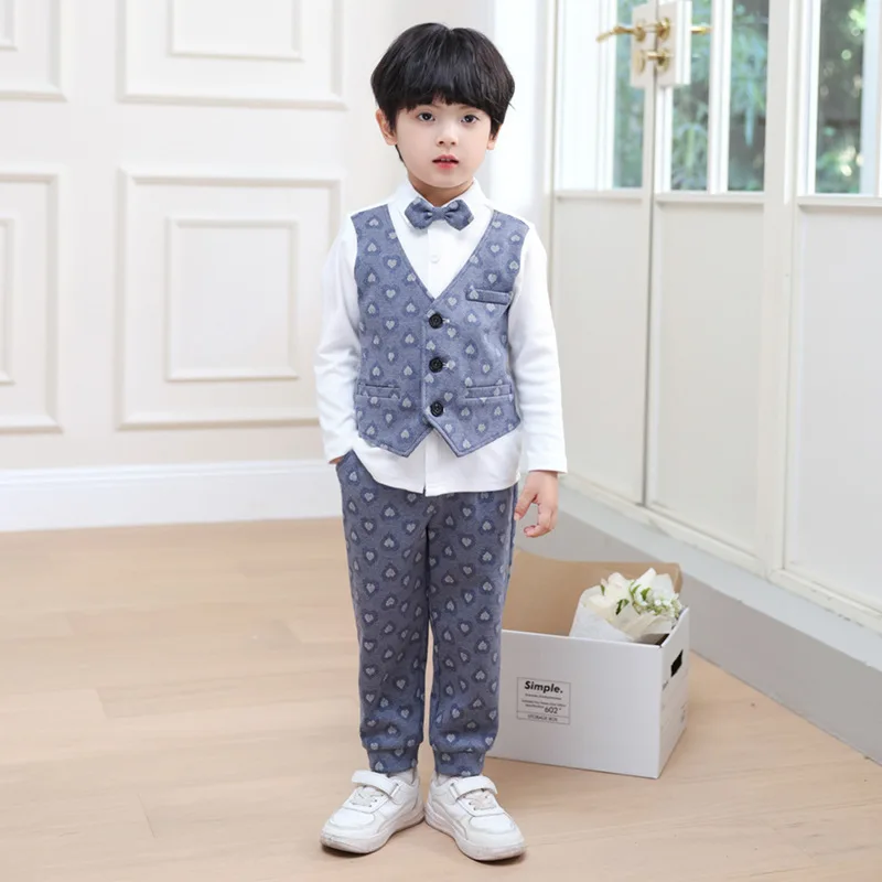 Boys Autumn 3Pieces Fake Vest T Shirt Pants Bowtie Photograph Suit Little Kids Easter Ceremony Dress Children Birthday Costume