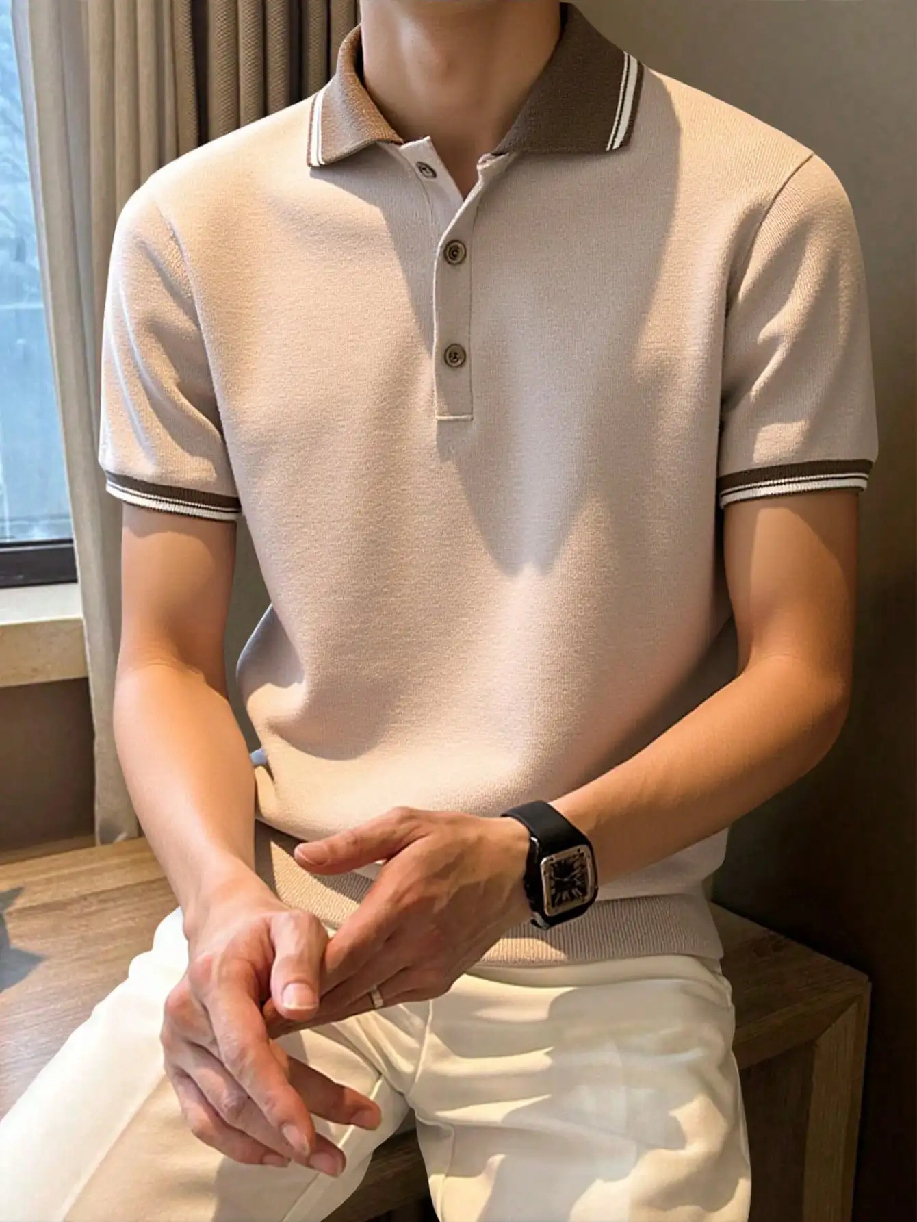 

Men's Lightweight Knit Polo Shirt with Contrast Trim, Casual Short Sleeve Top for Summer