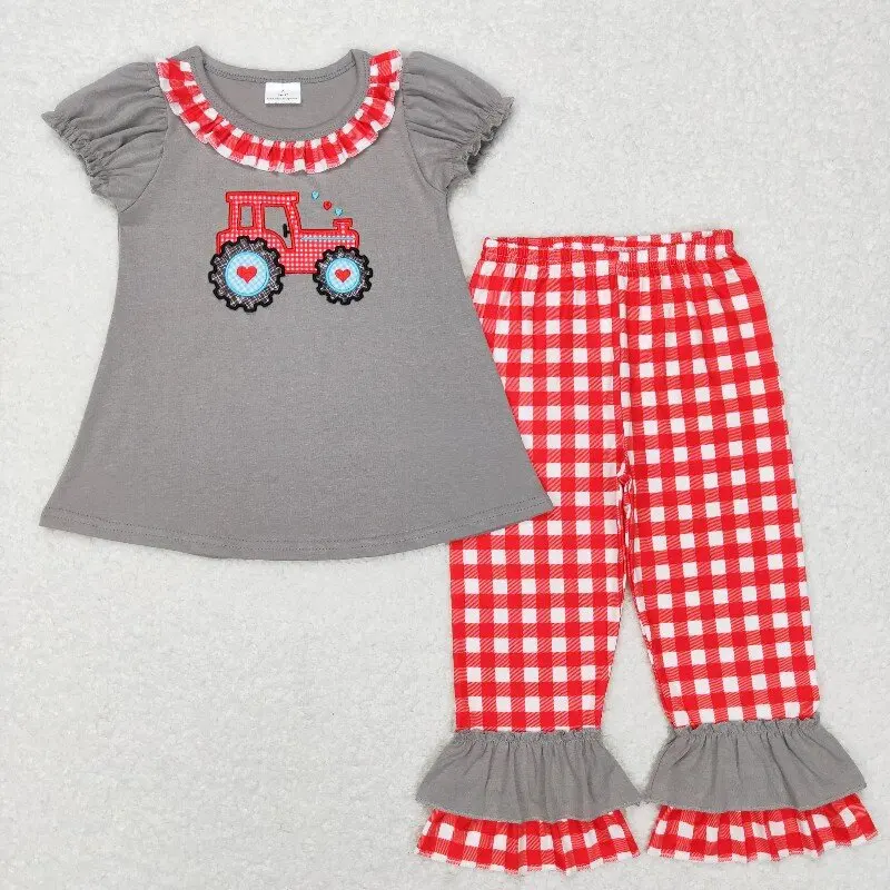 

New rts Valentine's Day Baby Toddler Girls Outfit Wholesale Boutique Embroidery Love Truck Gray Top Red Plaid Pants Girls suit