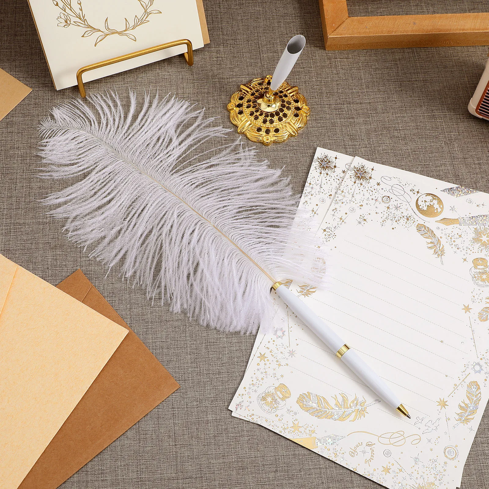 

Premium Ostrich Writing Pen with Metal Holder 360 Swivel Base Long Shaft Quill Style Guest Book Signing for Special