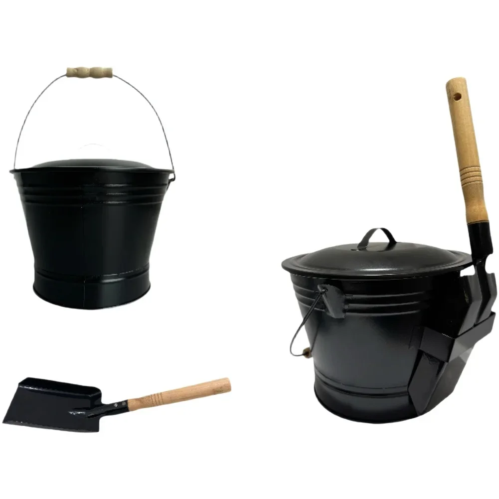 Fireplace Ash Bucket With Lid Fireproof Round Charcoal Container With Shovel And Wooden Handle For Ash Handling